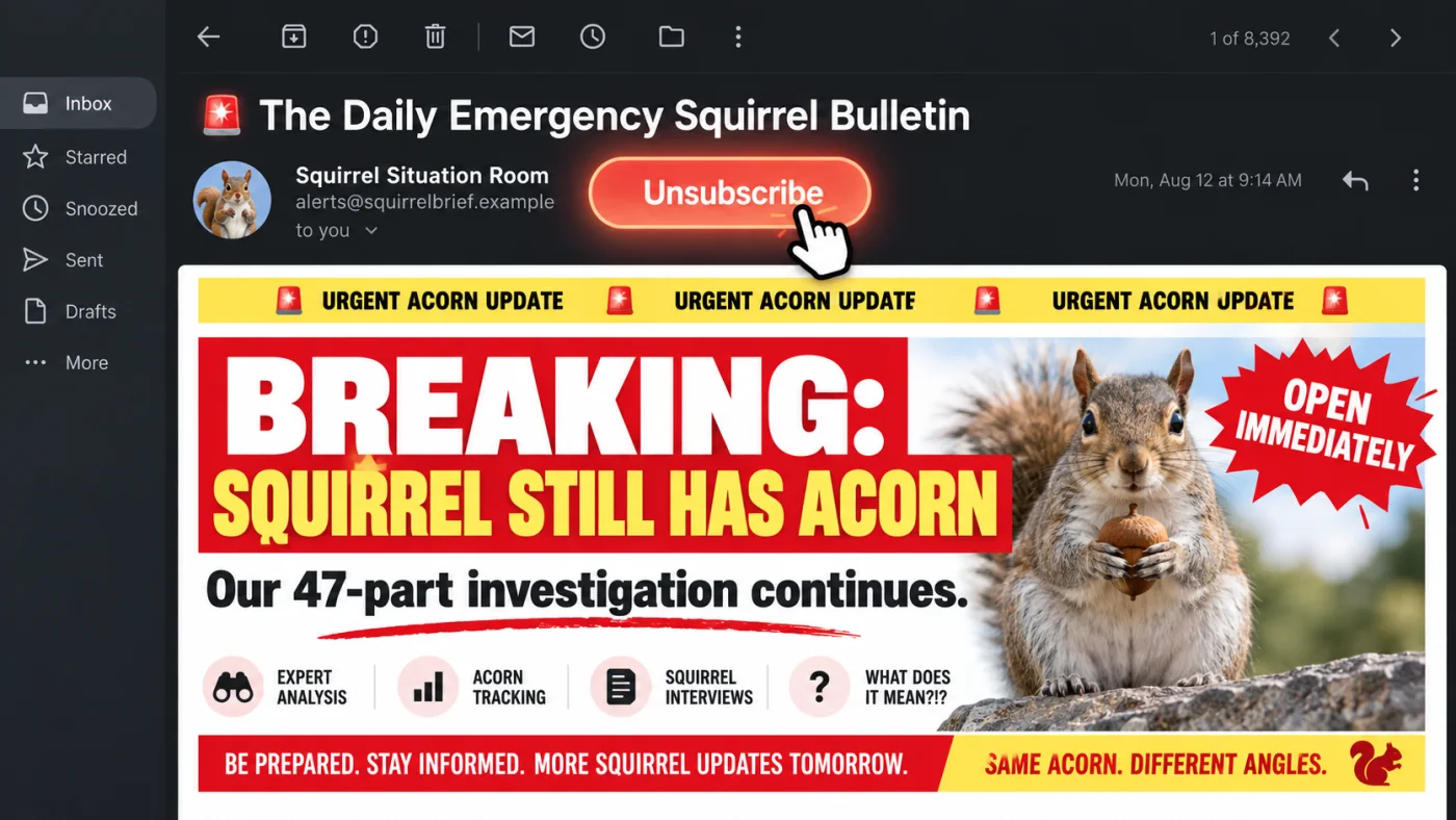 Dakia showing a glowing Unsubscribe button above a fictional and overdramatic squirrel newsletter.