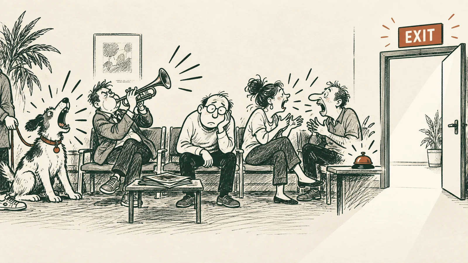 A noisy waiting room with a barking dog, trumpet player, arguing visitors, and a clear exit into a quiet corridor.
